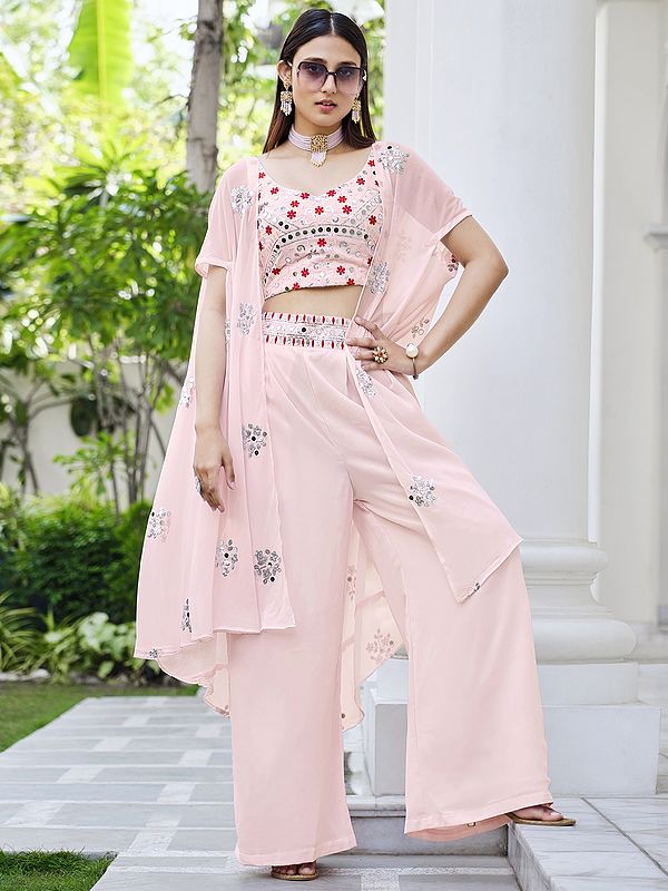 exotic india Pink Color Georgette Floral Motif Sequins Embroidered Palazzo Crop-Top Suit with Designer Jacket