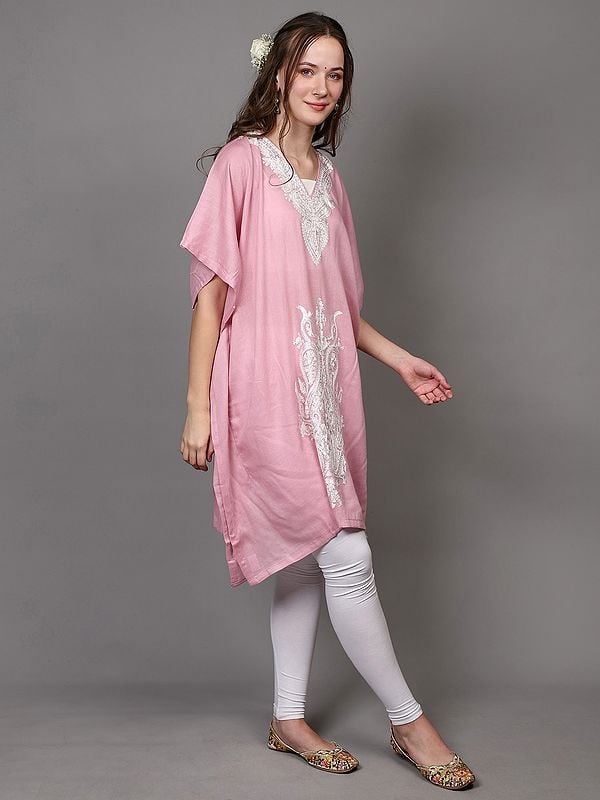 Exotic India Pink-Dolphin Pure Wool Kashmiri Short Kaftan With Aari Embroidered Paisleys