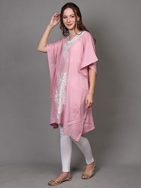 Exotic India Pink-Dolphin Pure Wool Kashmiri Short Kaftan With Aari Embroidered Paisleys