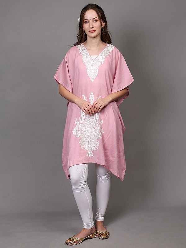 Exotic India Pink-Dolphin Pure Wool Kashmiri Short Kaftan With Aari Embroidered Paisleys