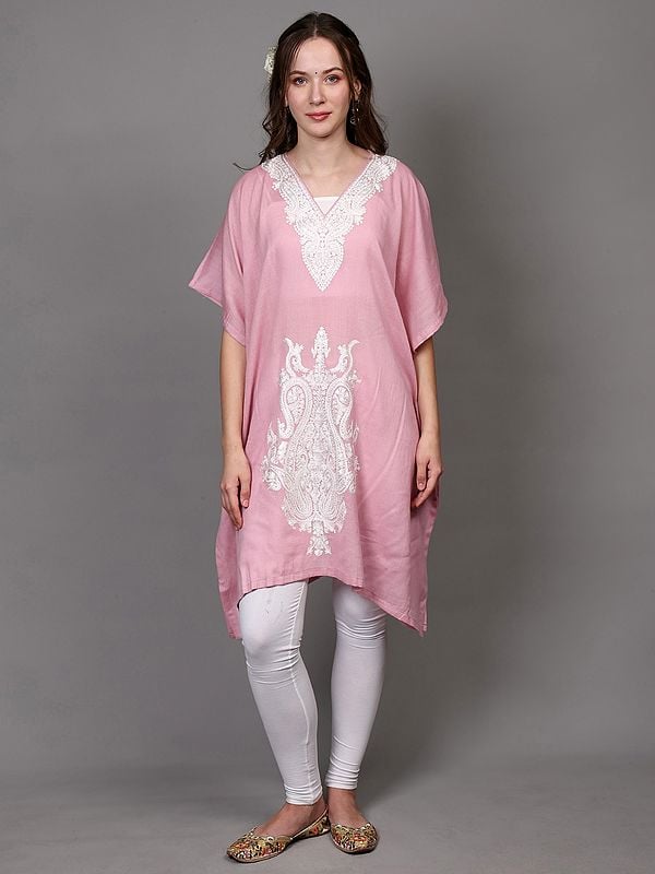 exotic india Pink-Dolphin Pure Wool Kashmiri Short Kaftan with Aari Embroidered Paisleys 