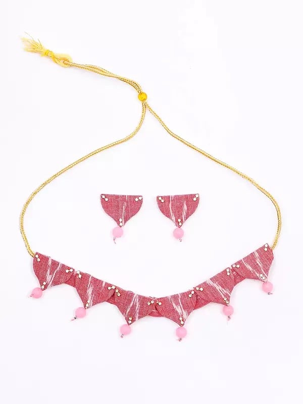 Exotic India Pink Handloom Sambalpuri Fabric Choker & Earrings Set With Beads Drop