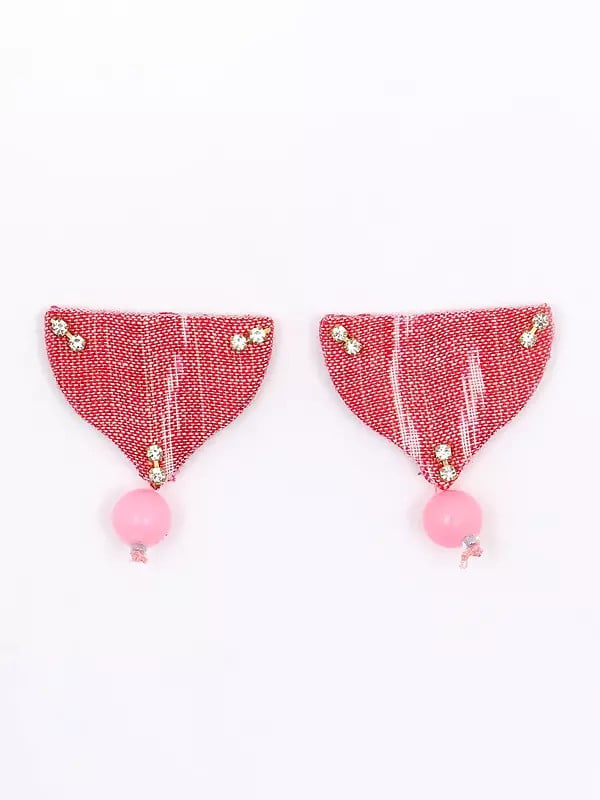 Exotic India Pink Handloom Sambalpuri Fabric Choker & Earrings Set With Beads Drop