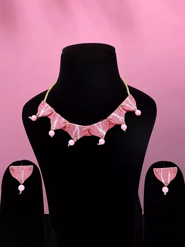exotic india Pink Handloom Sambalpuri Fabric Choker & Earrings Set with Beads Drop 