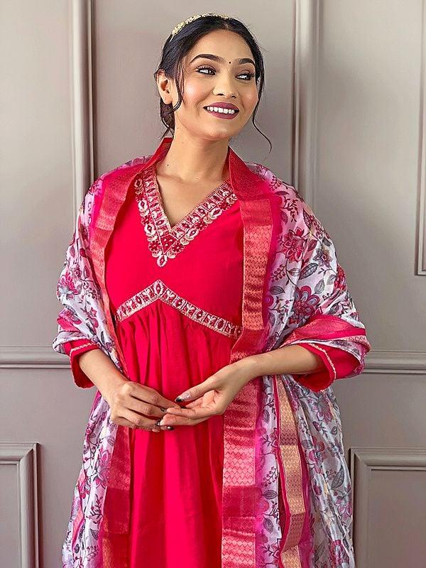Exotic India Pink-Red Anarkali Style Viscose Chanderi Elegant Wedding Wear Suit With Floral Print Dupatta