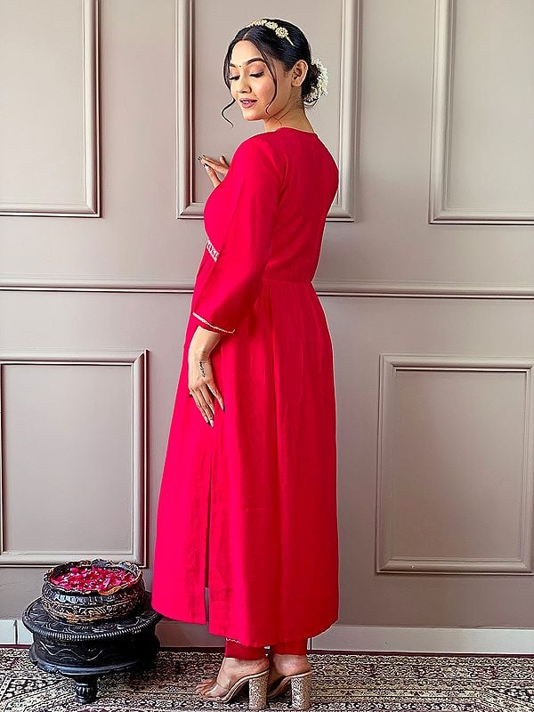 Exotic India Pink-Red Anarkali Style Viscose Chanderi Elegant Wedding Wear Suit With Floral Print Dupatta