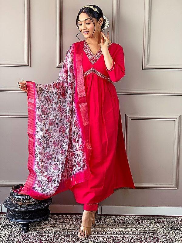 exotic india Pink-Red Anarkali Style Viscose Chanderi Elegant Wedding Wear Suit With Floral Print Dupatta 