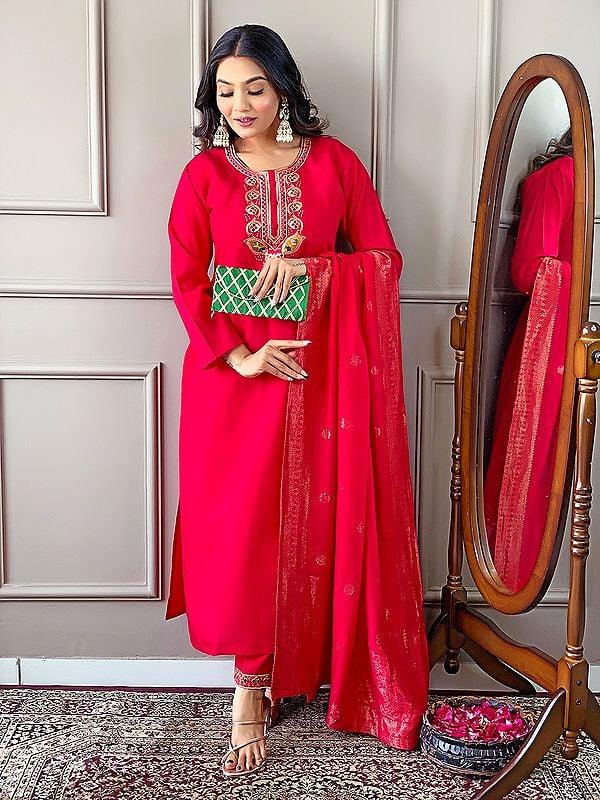 Exotic India Pink-Red Embroidery Work Elegant Festive Wear Viscose Chanderi Kurta Set With Matching Dupatta 