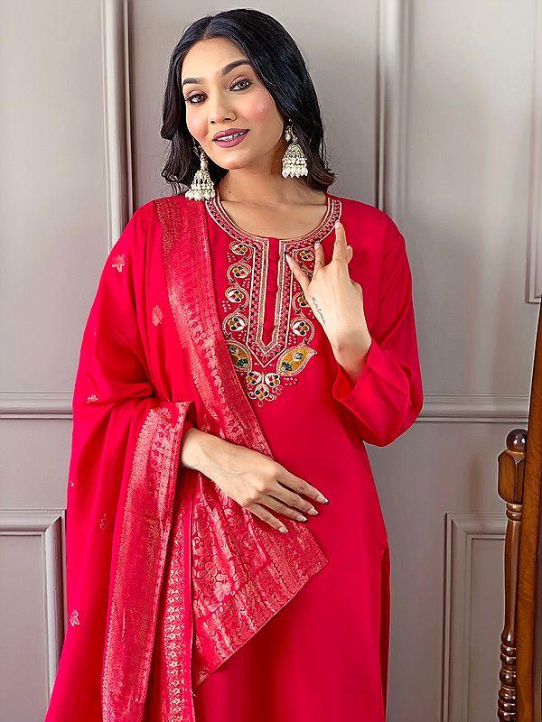 Exotic India Pink-Red Embroidery Work Elegant Festive Wear Viscose Chanderi Kurta Set With Matching Dupatta 