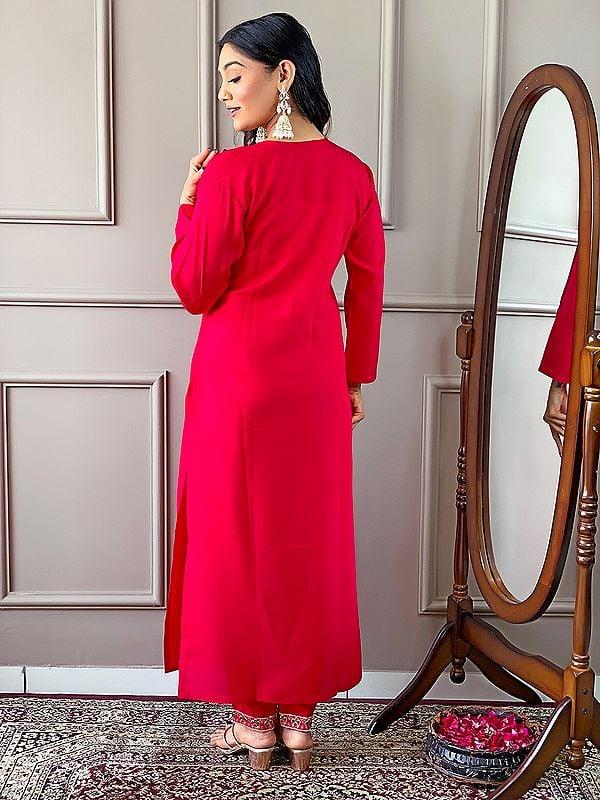 Exotic India Pink-Red Embroidery Work Elegant Festive Wear Viscose Chanderi Kurta Set With Matching Dupatta 
