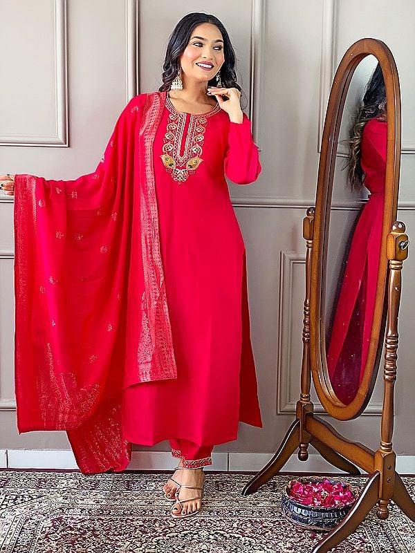 exotic india Pink-Red Embroidery Work Elegant Festive Wear Viscose Chanderi Kurta Set With Matching Dupatta