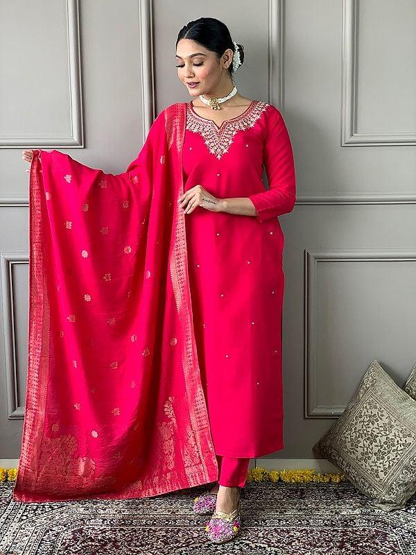 Exotic India Pink-Red Viscose Chanderi Embroidery Work Attractive Festive Kurta Set With Matching Dupatta 