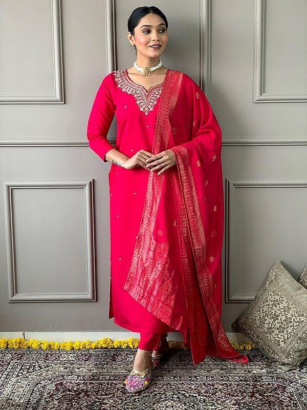 Exotic India Pink-Red Viscose Chanderi Embroidery Work Attractive Festive Kurta Set With Matching Dupatta 