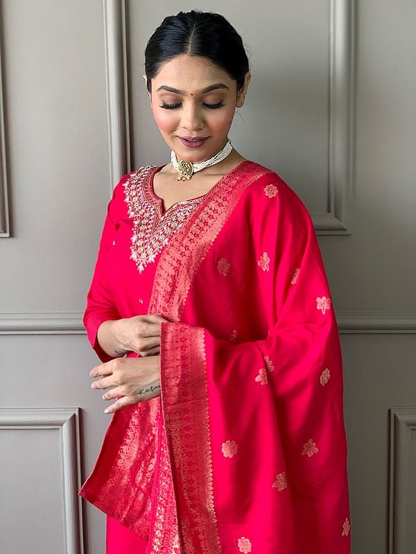 Exotic India Pink-Red Viscose Chanderi Embroidery Work Attractive Festive Kurta Set With Matching Dupatta 
