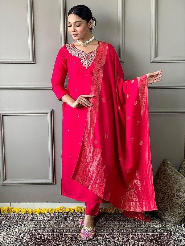 exotic india Pink-Red Viscose Chanderi Embroidery Work Attractive Festive Kurta Set With Matching Dupatta