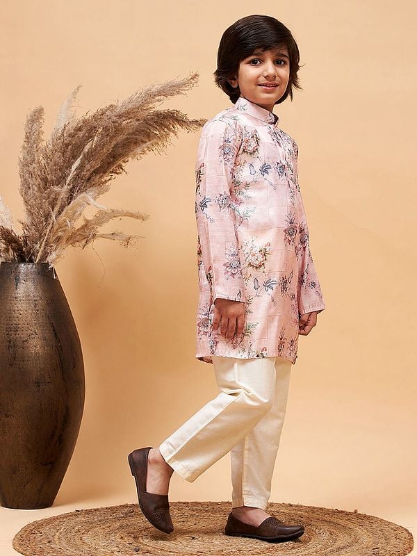 Exotic India Pink Silk Blend Check Pattern Floral Printed Kurta With Cream Pajama 