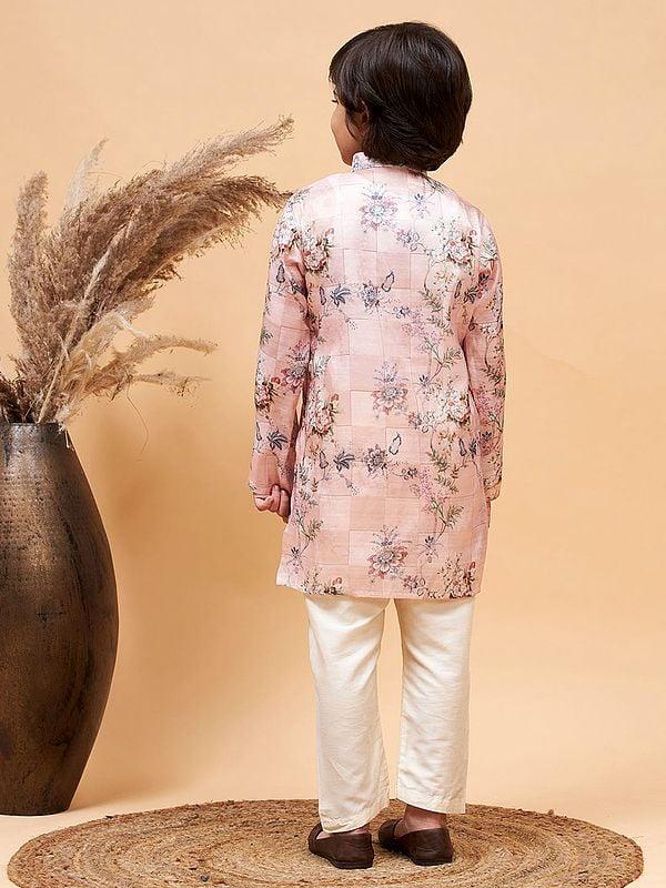 Exotic India Pink Silk Blend Check Pattern Floral Printed Kurta With Cream Pajama 