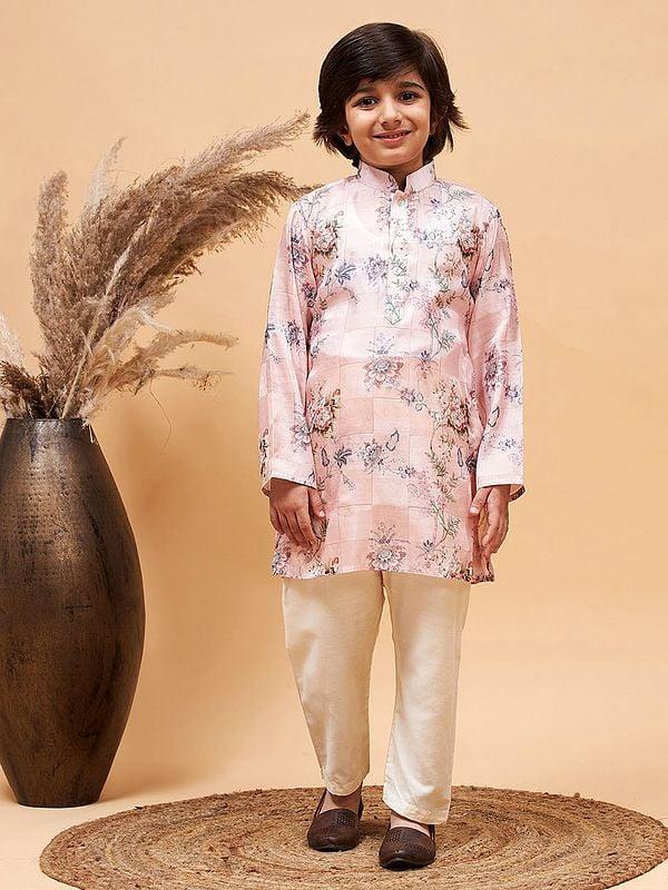 exotic india Pink Silk Blend Check Pattern Floral Printed Kurta With Cream Pajama 