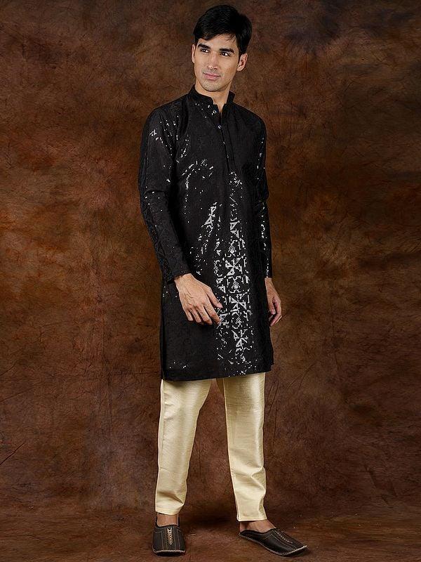 Exotic India Pirate-Black Embellished Kurta With Sequin Work And Cream Pajama 