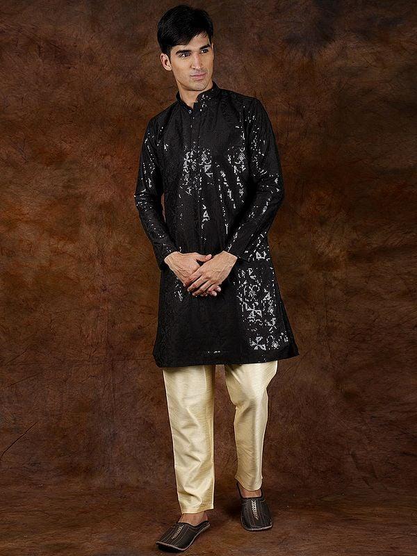 Exotic India Pirate-Black Embellished Kurta With Sequin Work And Cream Pajama 