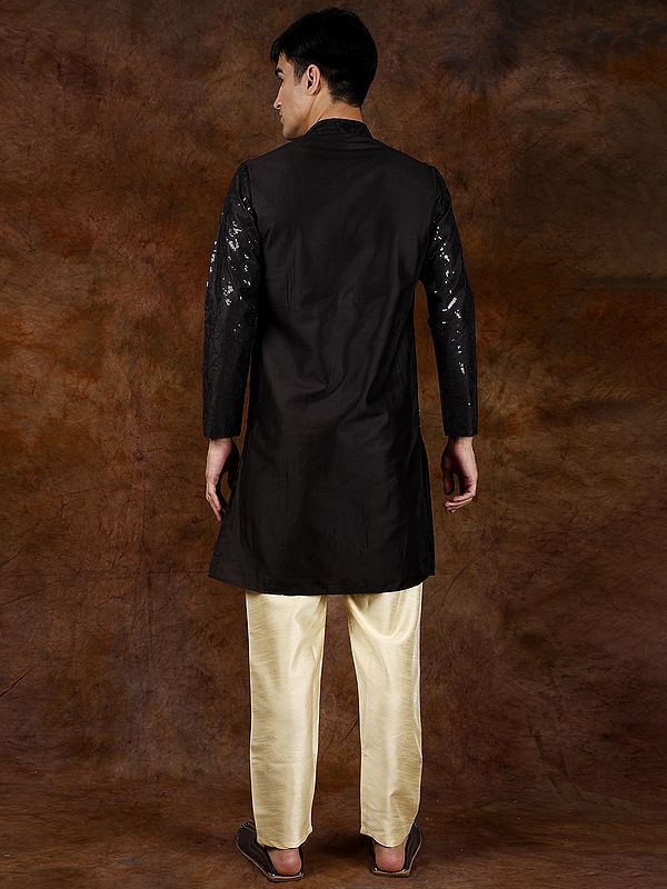 Exotic India Pirate-Black Embellished Kurta With Sequin Work And Cream Pajama 
