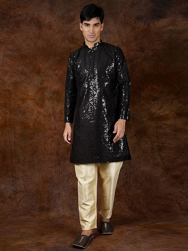 exotic india Pirate-Black Embellished Kurta with Sequin Work and Cream Pajama 