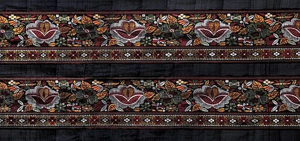 exotic india Pirate-Black Fabric with Woven Multicoloured Flowers 