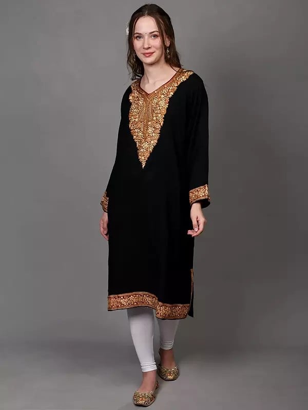Exotic India Pirate-Black Kashmir Phiran With Aari Embroidered Flowers And Paisleys 