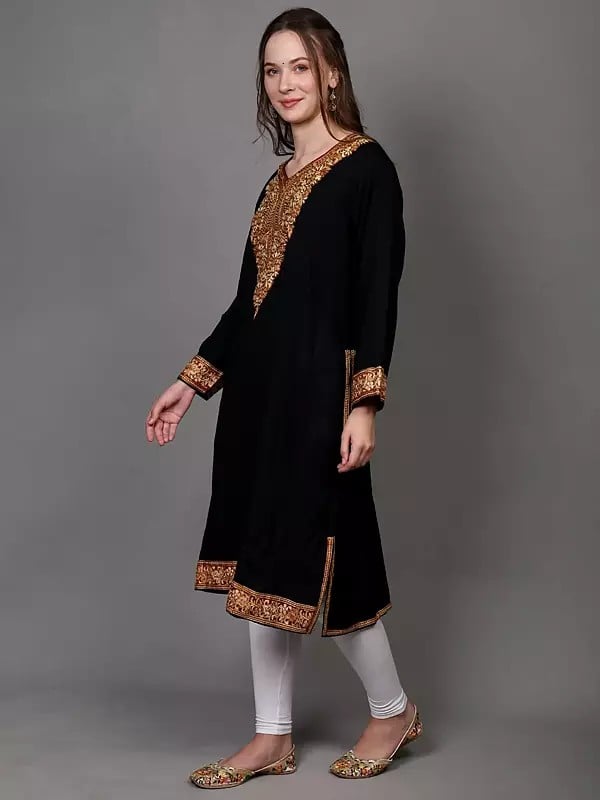 Exotic India Pirate-Black Kashmir Phiran With Aari Embroidered Flowers And Paisleys 