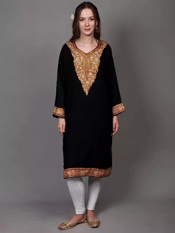 exotic india Pirate-Black Kashmir Phiran with Aari Embroidered Flowers and Paisleys 