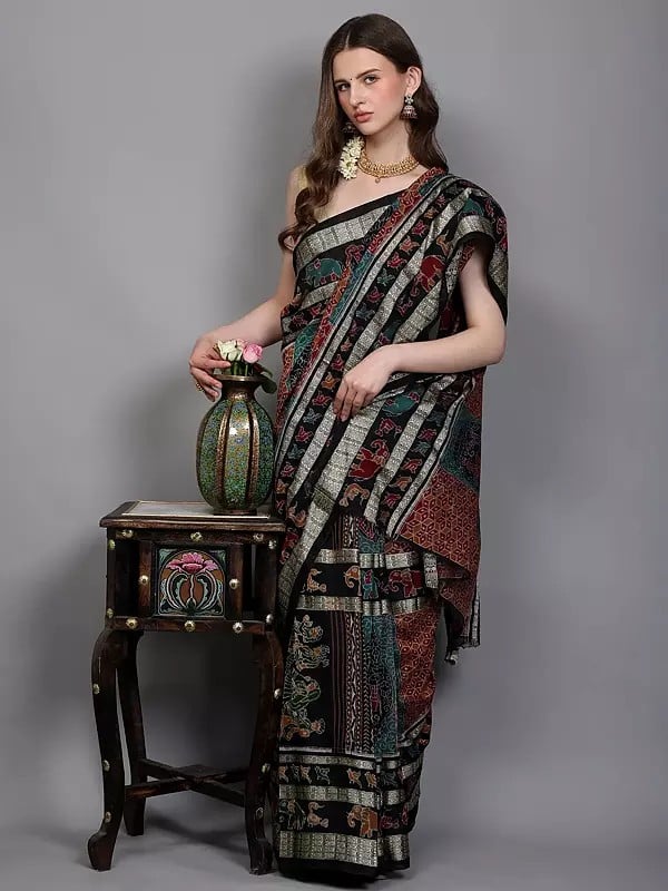 Exotic India Pirate-Black Pure Silk Ikat Handloom Sambhalpuri Saree With Animals-Birds Motifs And Woven Fish Border 