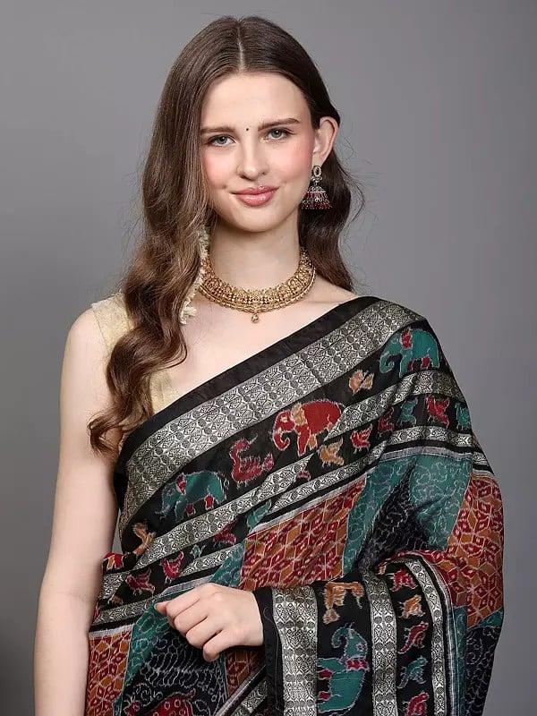 Exotic India Pirate-Black Pure Silk Ikat Handloom Sambhalpuri Saree With Animals-Birds Motifs And Woven Fish Border 