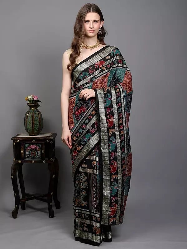 exotic india Pirate-Black Pure Silk Ikat Handloom Sambhalpuri Saree with Animals-Birds Motifs and Woven Fish Border 