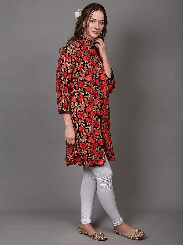 Exotic India Pirate-Black Wool Long Jacket With All-Over Aari Embroidered Maple Vines From Kashmir 
