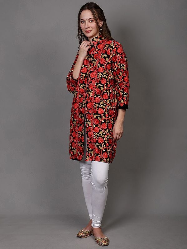 Exotic India Pirate-Black Wool Long Jacket With All-Over Aari Embroidered Maple Vines From Kashmir 