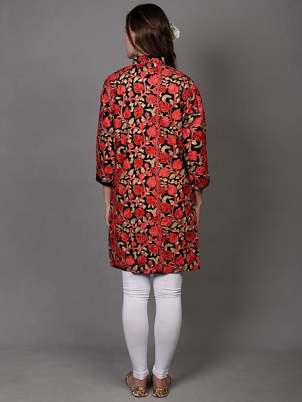 Exotic India Pirate-Black Wool Long Jacket With All-Over Aari Embroidered Maple Vines From Kashmir 