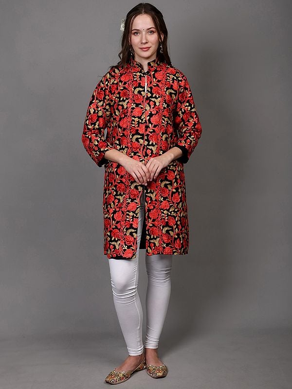 exotic india Pirate-Black Wool Long Jacket with All-Over Aari Embroidered Maple Vines from Kashmir 