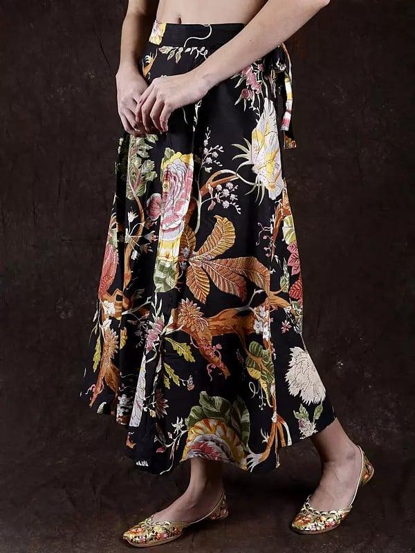 Exotic India Pirate-Black Wrap Around Long Skirt With Printed Foliage 
