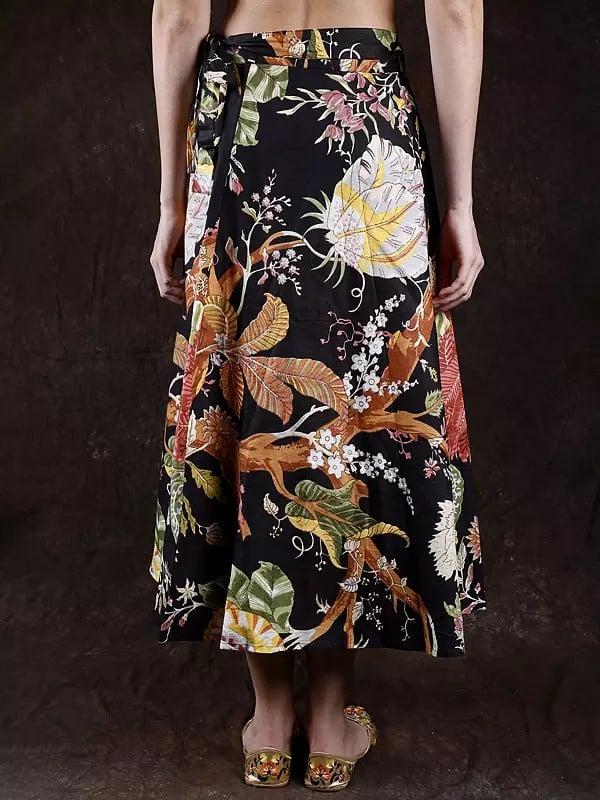 Exotic India Pirate-Black Wrap Around Long Skirt With Printed Foliage 