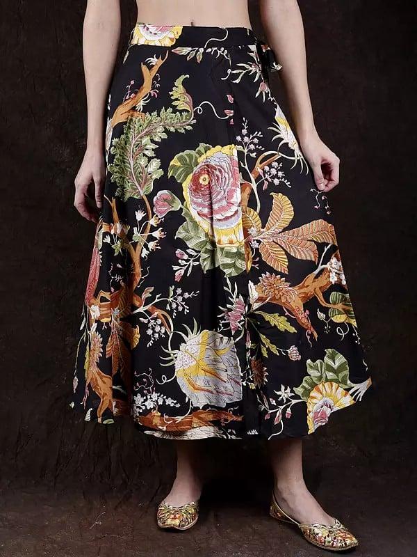 exotic india Pirate-Black Wrap Around Long Skirt with Printed Foliage