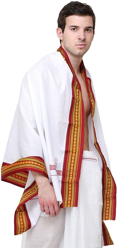 Exotic India Plain Angavastram With Multicolored Thread Woven Border