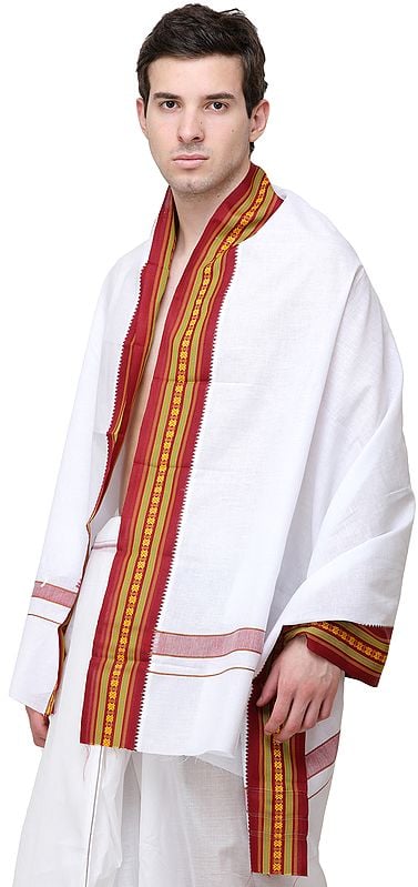 Exotic India Plain Angavastram With Multicolored Thread Woven Border