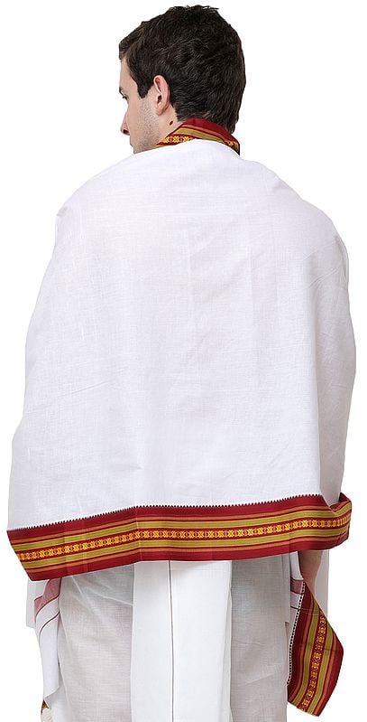 Exotic India Plain Angavastram With Multicolored Thread Woven Border