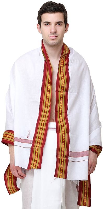 exotic india Plain Angavastram with Multicolored Thread Woven Border 