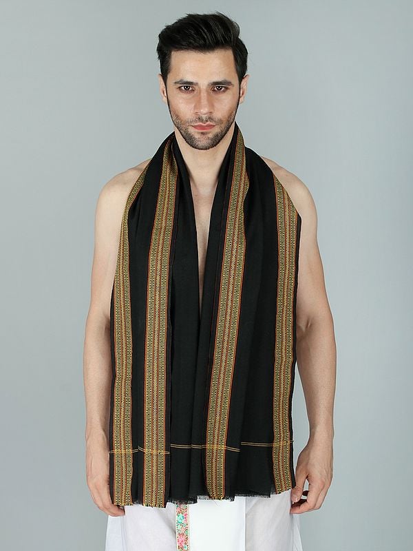 exotic india Plain Angavastram with Zari-Woven Border 
