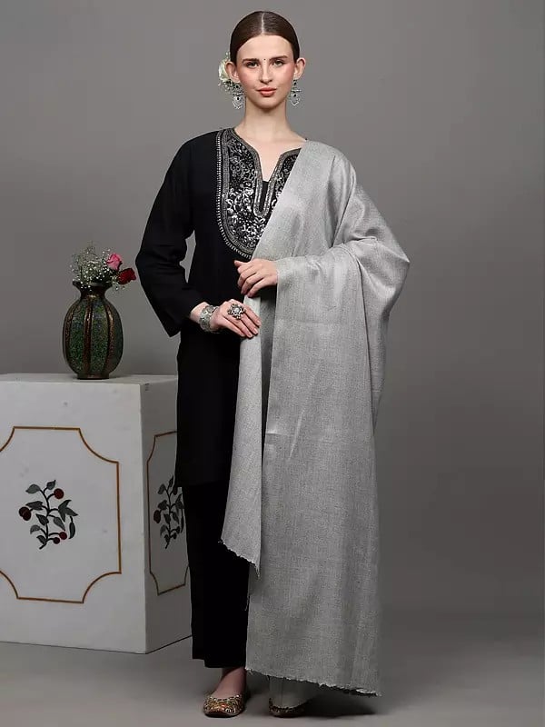 Exotic India Plain Cashmere Shawl With Diamond Weave 