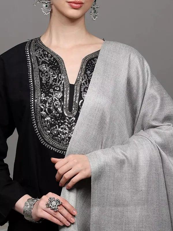 Exotic India Plain Cashmere Shawl With Diamond Weave 