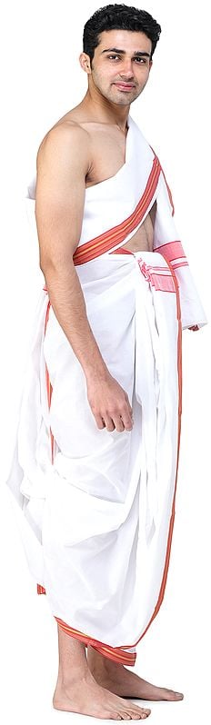Exotic India Plain Dhoti And Angavastram Set With Multicolored Thread Woven Border 