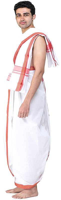 Exotic India Plain Dhoti And Angavastram Set With Multicolored Thread Woven Border 