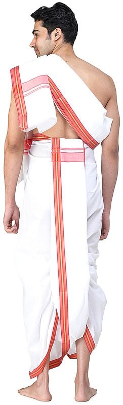 Exotic India Plain Dhoti And Angavastram Set With Multicolored Thread Woven Border 